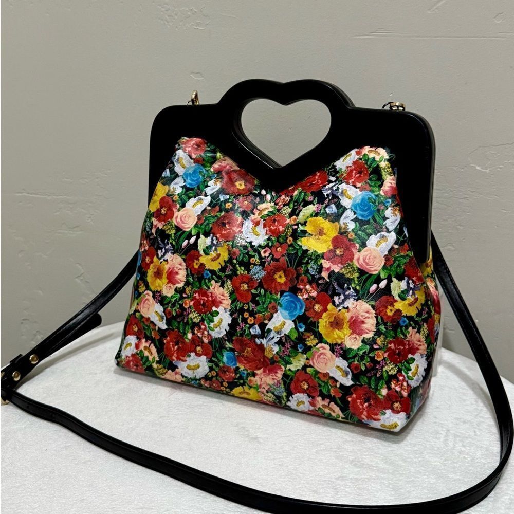 Floral Print Cowhide  Leather, Handmade Cut-out Handle Wooden Frame Handbag